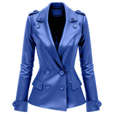 Women’s Royal Blue Slim-fit Soft Mid-length Sheepskin Leather Pea Coat
